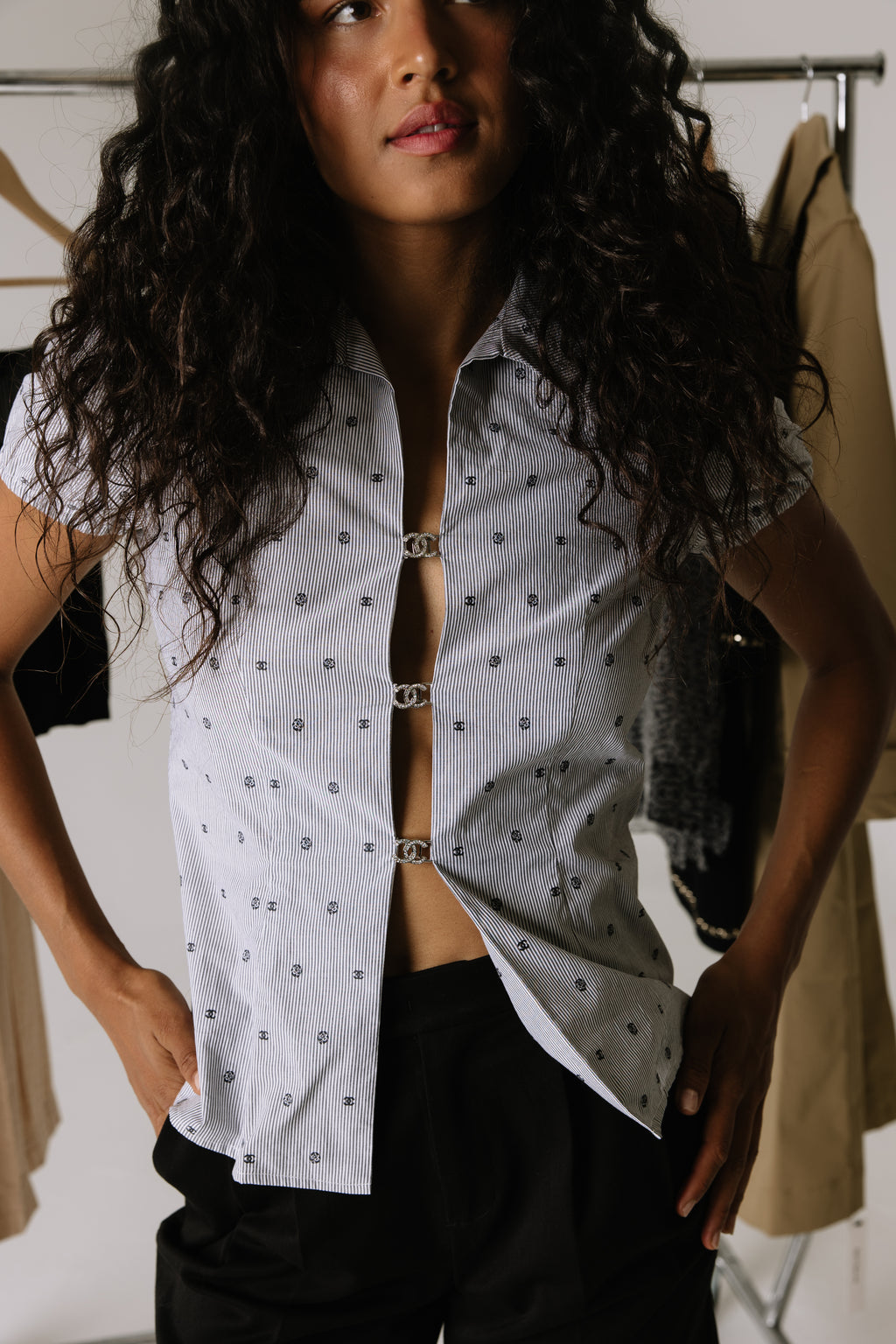 Chanel CC Button Short Sleeve Blouse