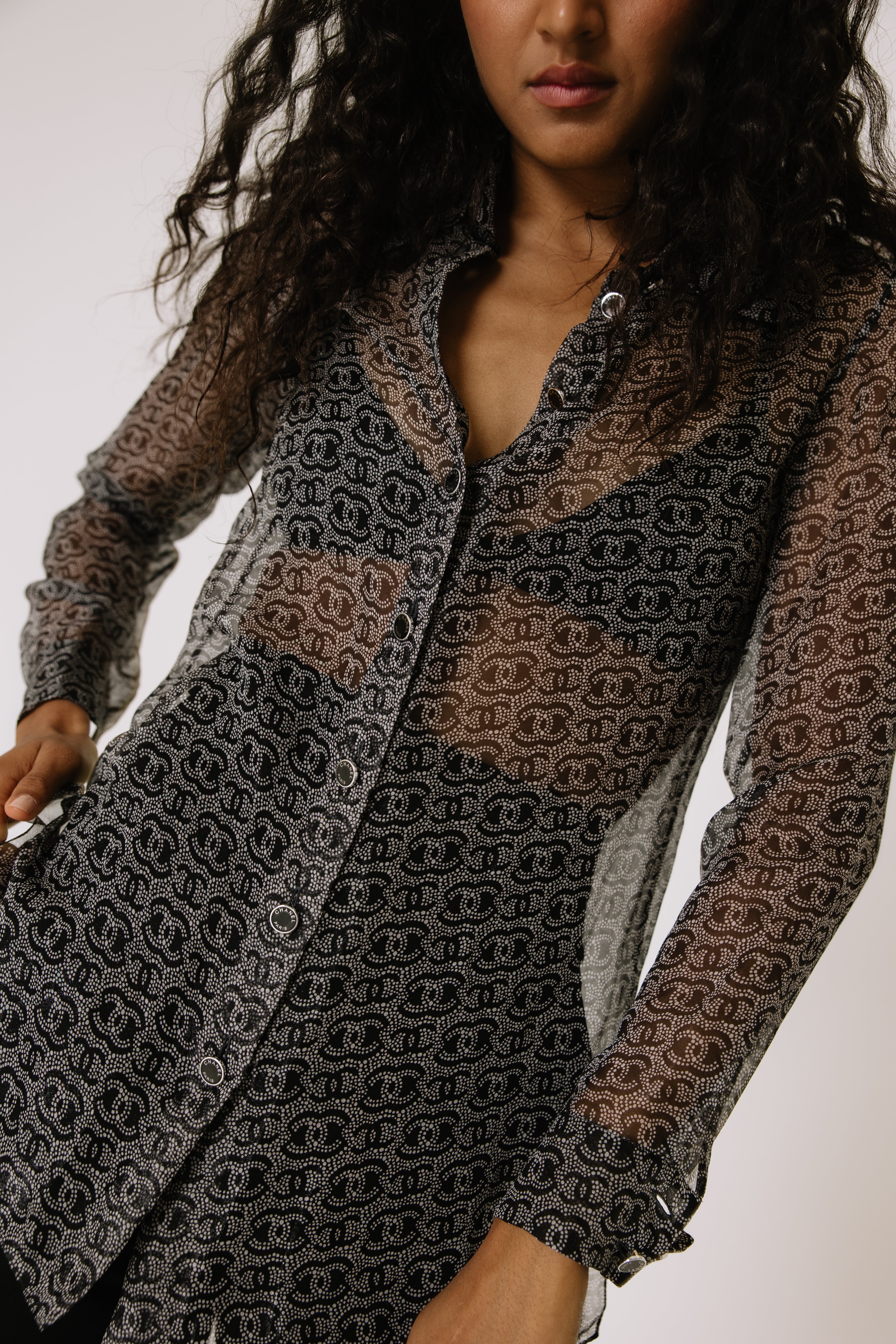 Chanel Sheer Monogram Button Up Blouse