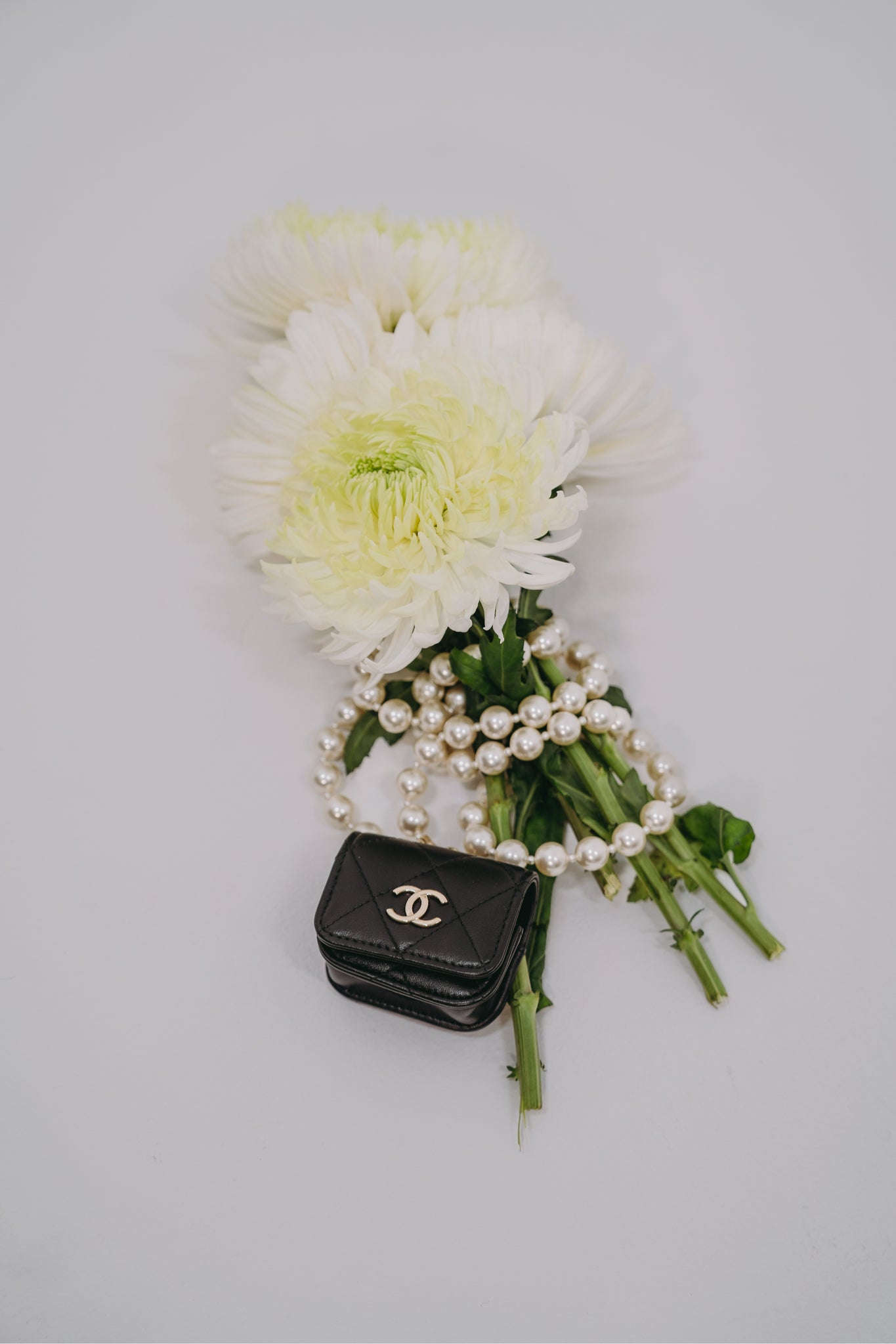 Chanel Black Leather Mini Wallet on Pearl Chain