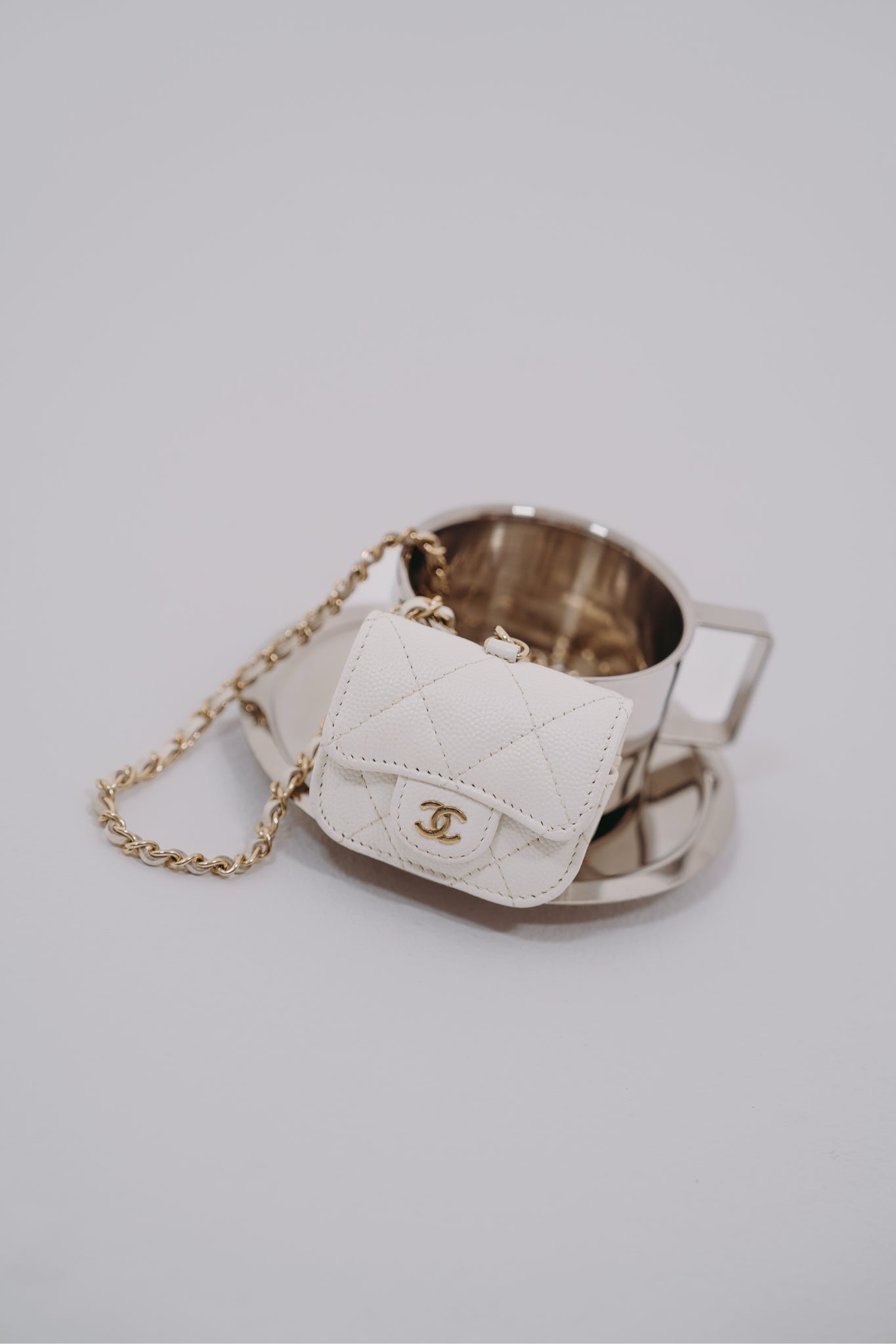 Chanel White Flap Mini Chain Airpod Case